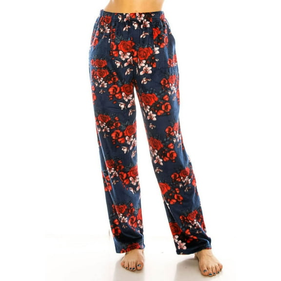 Womens Ladies Plush Fleece PJ Pajama Pants 80139P, Navy Red Floral, Size S
