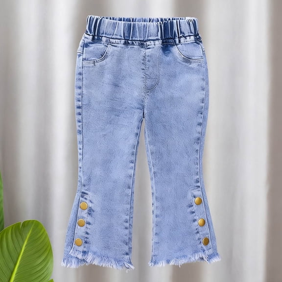 Cowsor Toddler Girls Flare Slim Fit Jeans Elastic Waist Button Split Cuff Long Pants Spring Summer Casual Daily Outdoor Wear For 1-6 Years Old