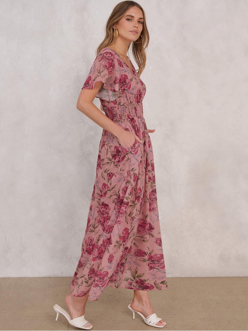 dress women summer chiffon red Red Chiffon V-Neck Swing Dress - Midi A-Line