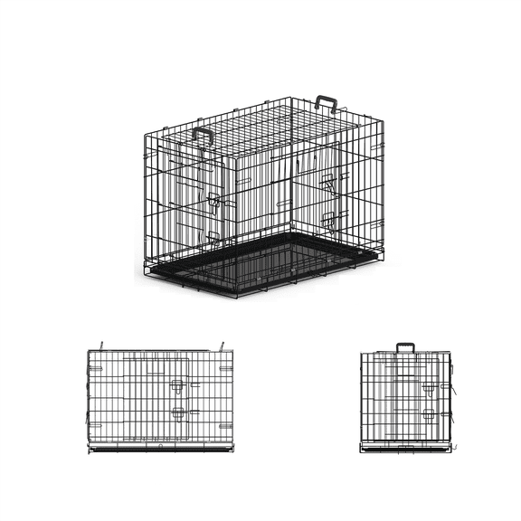 36 Inch Dog Crate Double Door Dog Cage with Leak-Proof Pan Tray, Handle, Folding Metal Wire Pet Kennel for Indoor, Outdoor, Travel