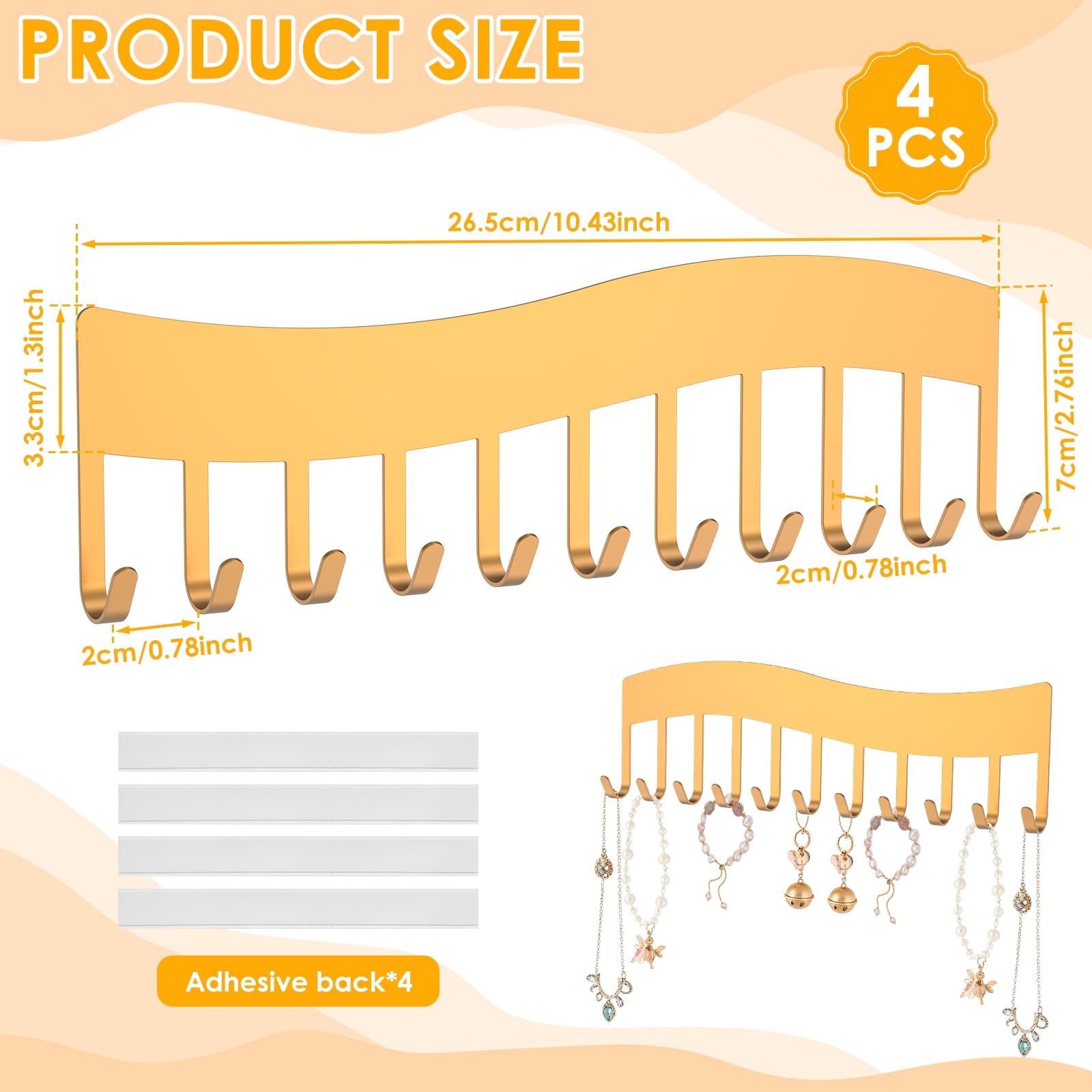 4 Pack Wave Style Wall Mounted Necklace Organizer Gold Metal Hanging Jewelry Storage Hooks Holder for Bracelets Keys Bedroom Closet