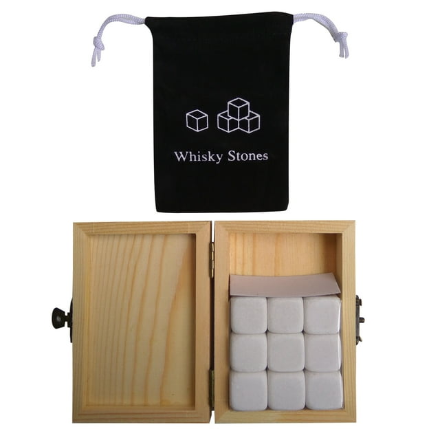 Labymos 9PCS Whiskey Stones Set Chilling Stones Wooden Box Chilling Rocks Reusable Ice Cubes for