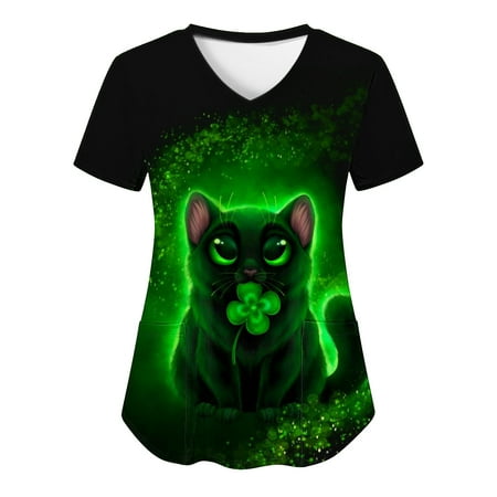 

St. Patrick s Day Scrub Tops for Women Short Sleeve V Neck Shamrock Graphics Nurse Uniform Shirts with Pocket