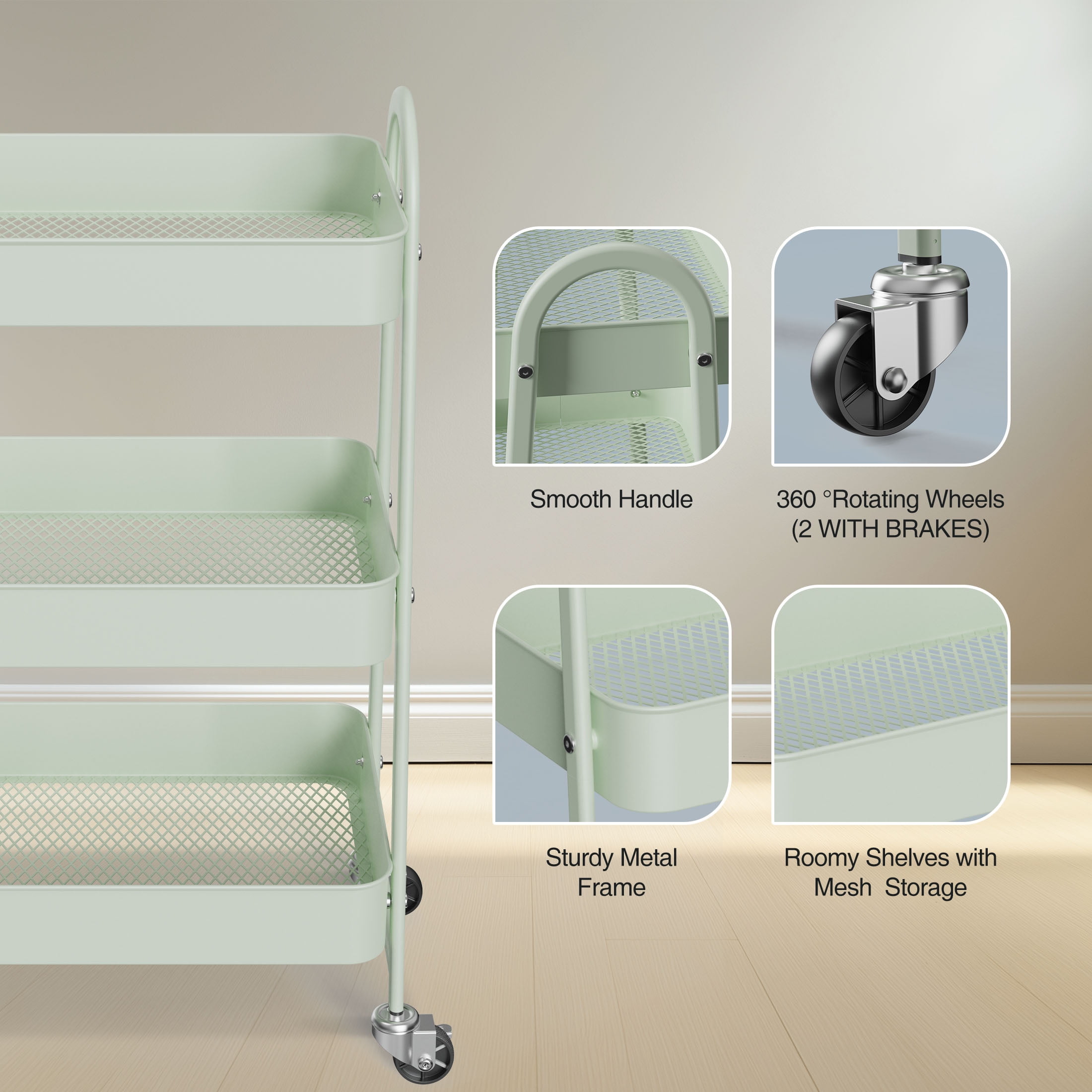 GIANNA 3 - Tier Utility Cart with Wheels, Mobile Shelving Metal Organizer Trolley Rolling Storage Shelves Unit Caster for Snack Narrow Places, Green