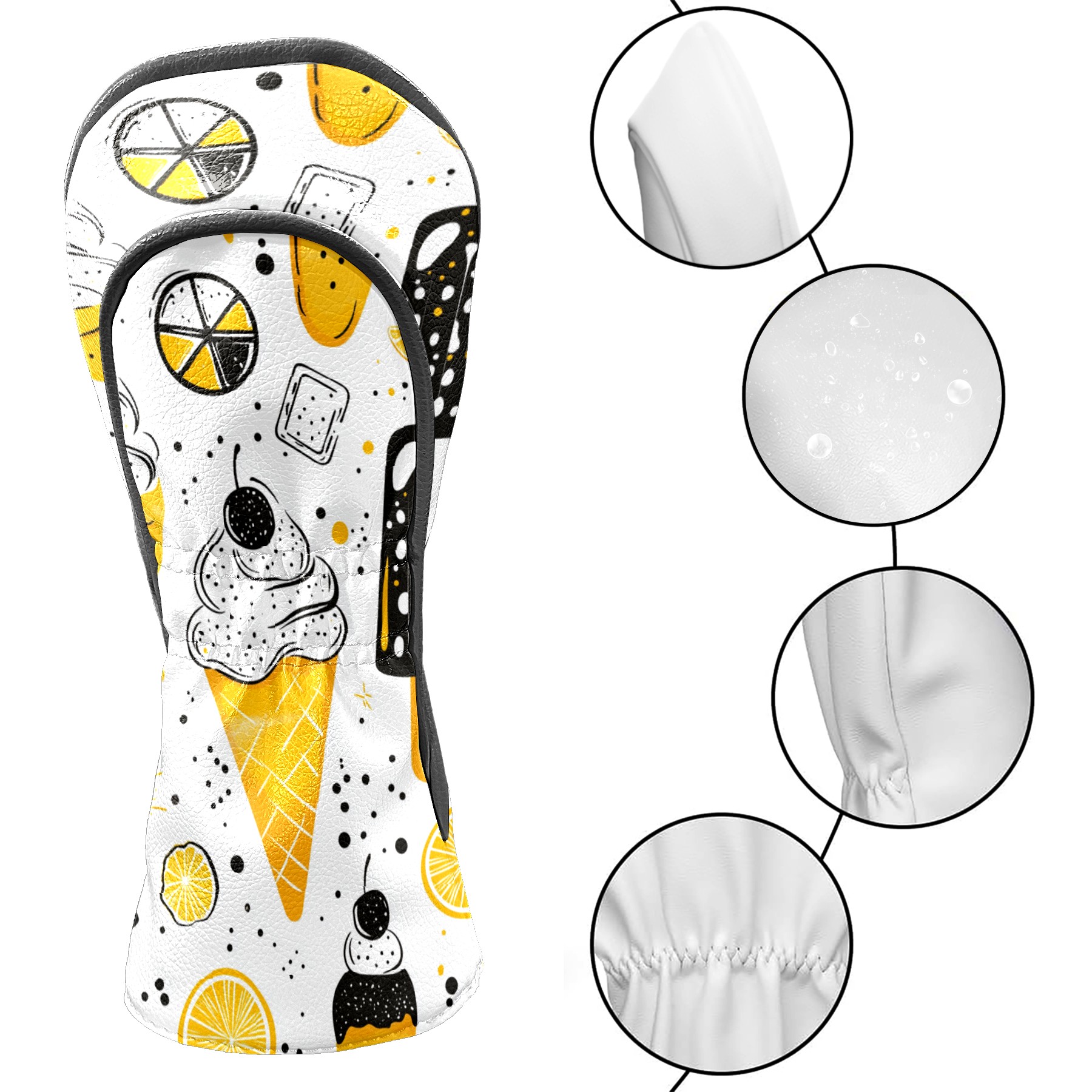 Golf Club Covers PU Leather Waterproof Head Covers for Fairway Woods Hybrids Ice Cream Pattern
