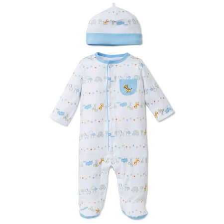 Animal Sleeper - Fun Safari Snap Front Footie Pajamas with Hat For Baby Boys Sleep N Play One Piece Romper Coverall Cotton Infant Footed Sleeper; Pijamas Para Bebes- White and Blue Animal Print - Preemie