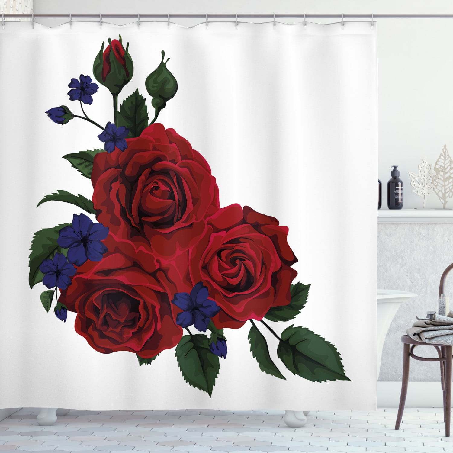 72x72" Rose Flowers Bouquet Bathroom Fabric Shower Curtain Liner Set With Hooks 