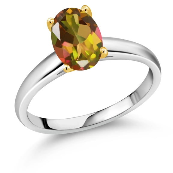 Gem Stone King 2.00 Ct Oval Mango Mystic Topaz 10K White and Yellow Gold Ring Ring (Size 6)