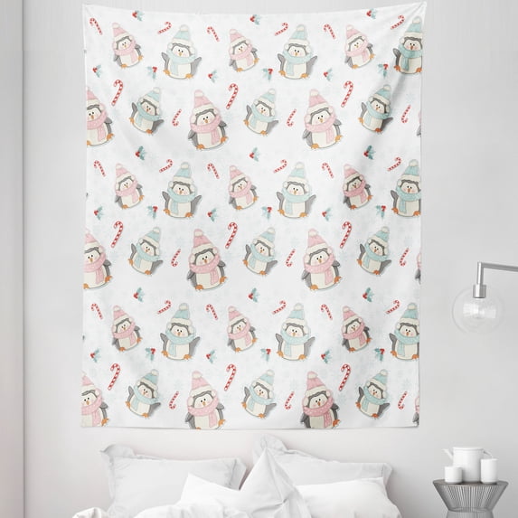 Candy Cane Tapestry, Christmas Boy and Girl Penguins with Scarf Hats Traditional Holly Berries, Fabric Wall Hanging Decor for Bedroom Living Room Dorm, 5 Sizes, Multicolor, by Ambesonne