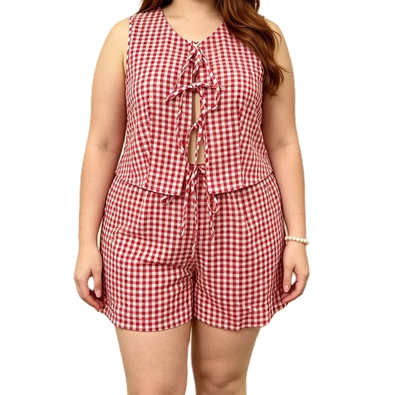 LMLYSoH Womens Plus Size Shorts Outfit Casual Loose Fit Plaid Bow Tie Front V Neck Sleeveless Tops and Shorts 2 Pcs Set