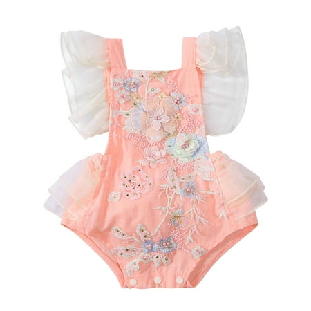 

Baby Girls Romper Ruffle Sleeve Floral Embroidered Backless Bodysuit