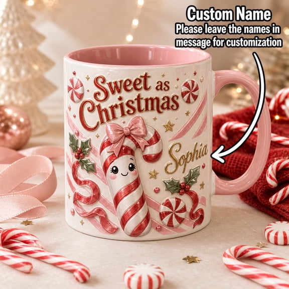 Personalized Christmas Mug, Candy Cane Sweetheart Ceramic Coffee Cup for Holiday Gift