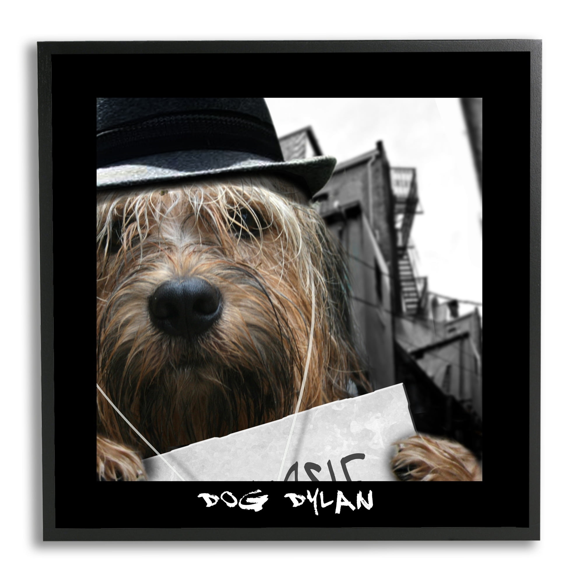 Stupell Industries Dog Dylan Funny Musician Wearing Hat Cityscape Photograph Black Framed Art Print Wall Art, Design by Noah Bay