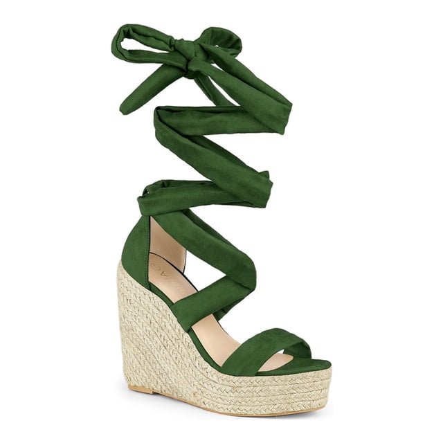 BLISSFUL STEP Sandales pour Femmes en Faux Suède à Plateforme Compensée à Lacets à Bout Ouvert Vert 7,5