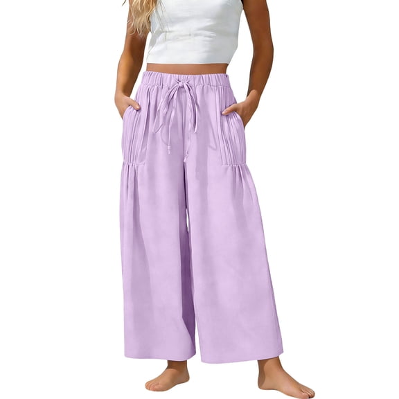 cocolona Womens Casual Loose Linen Pants Summer Elastic Waist Drawstring Wide Leg Trousers with Pocket