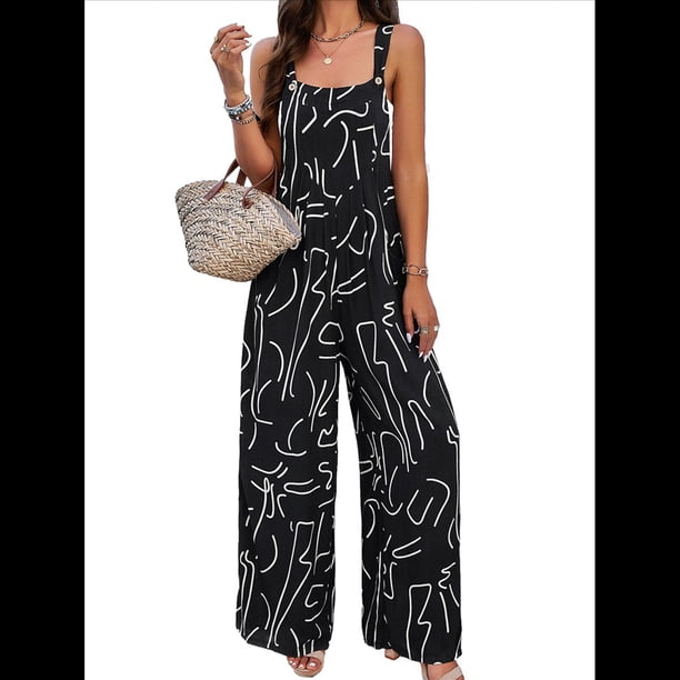 Bohemios Informales de Verano para Mujer, de Pierna , Holgados, con Estampado Floral y Bolsillos. Negro S