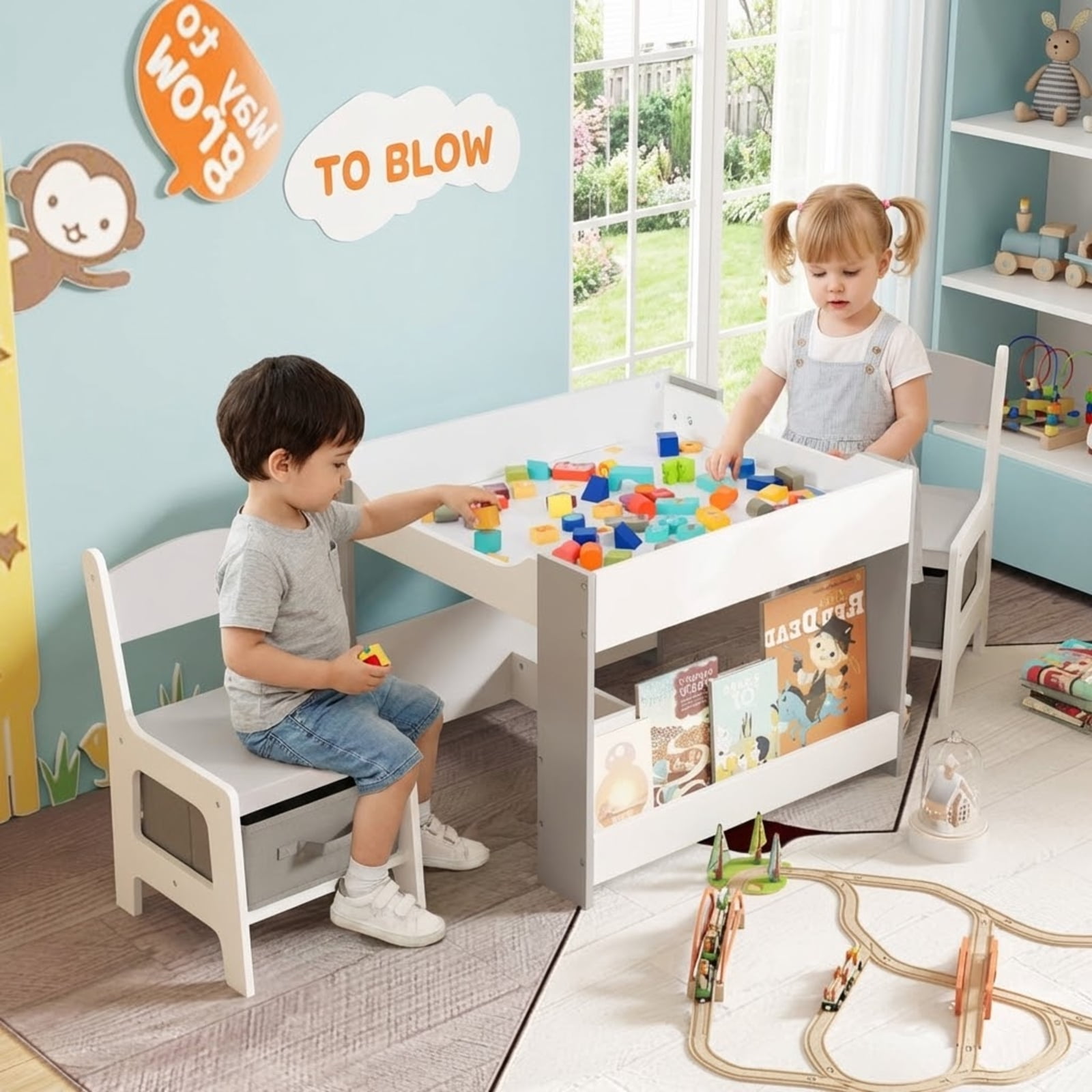 Furnibear Kids Table and Chair Set 4 in 1 Kids Toddler Activity Table and Chairs Set with