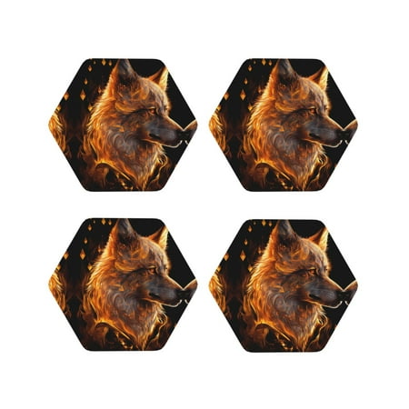 

Drink Coasters Set of 4 Gold Flame Pattern Wolf Leather Coasters for Coffee Table Protector Heat Resistant Cute Coasters for Home Decor Housewarming Gifts Bar Kitchen 4 Inch Hexagon