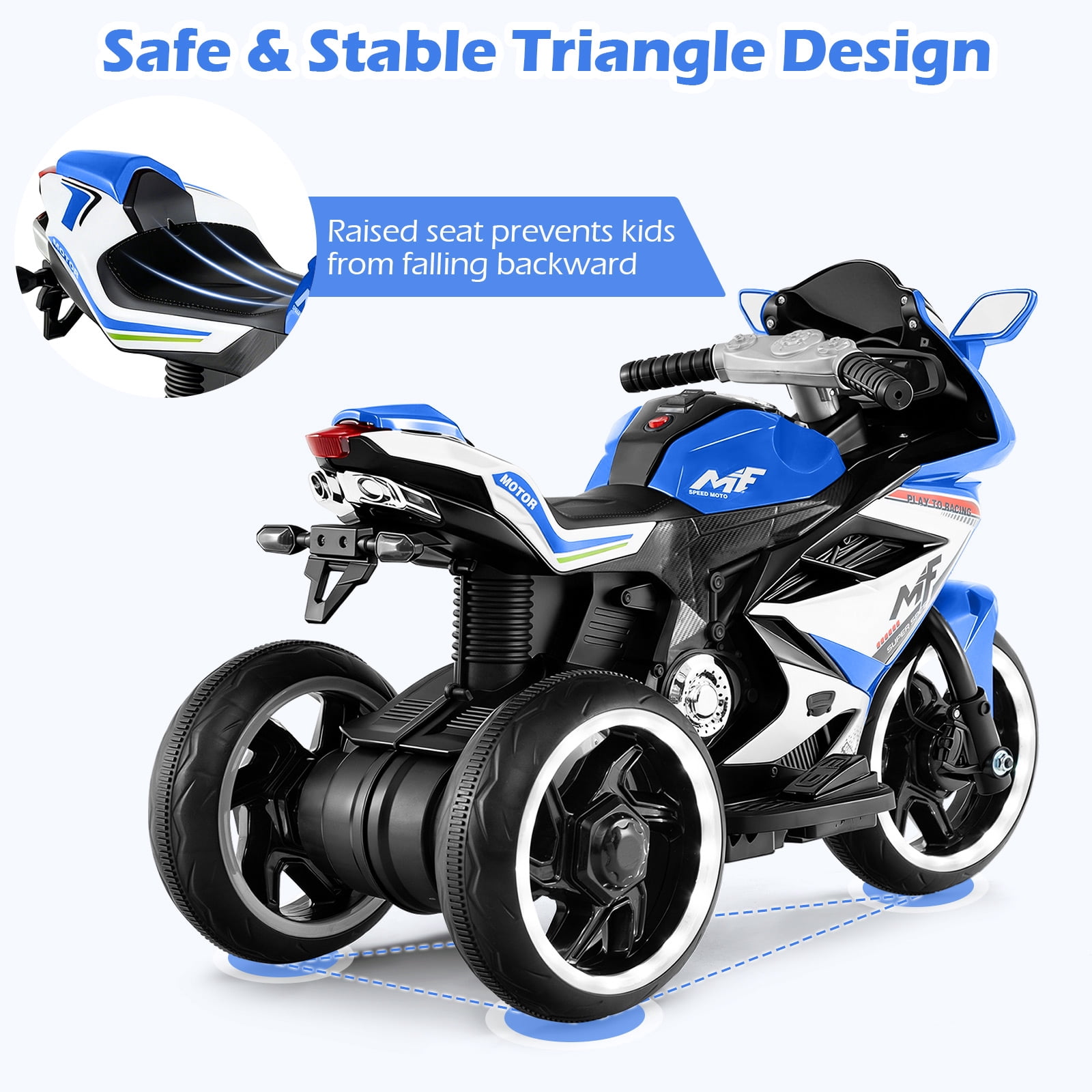 OLAKIDS 6V Kids Motorcycle with Forward & Reverse Switch, Headlight, Wheel Lights, Horn, Music, USB Port, 3-Wheel Ride on Toy for Toddler Aged 3+