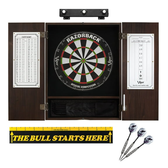 Viper Razorback Sisal Dartboard, Viper Underground Raven Steel Tip Darts 25 Grams, Metropolitan Espresso Cabinet, Shadow Buster Dartboard Lights & "The Bull Starts Here" Throw Line Marker
