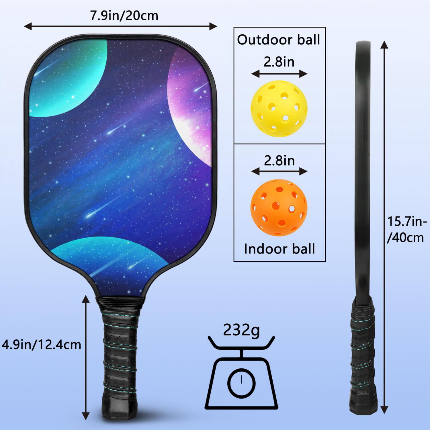 Pickleball Paddles Set Of 2, Fiberglass Surface, Galaxy Print, 4 Balls & Bag