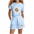 thumbnail image 2 of BRGZLK Summer Sets for Girls Casual Sunflower Print Short Sleeve Round Neck Pullover Top and Shorts Set Kids Girls Soft Comfortable Set 2026 Light Blue 4-5 Years, 2 of 5