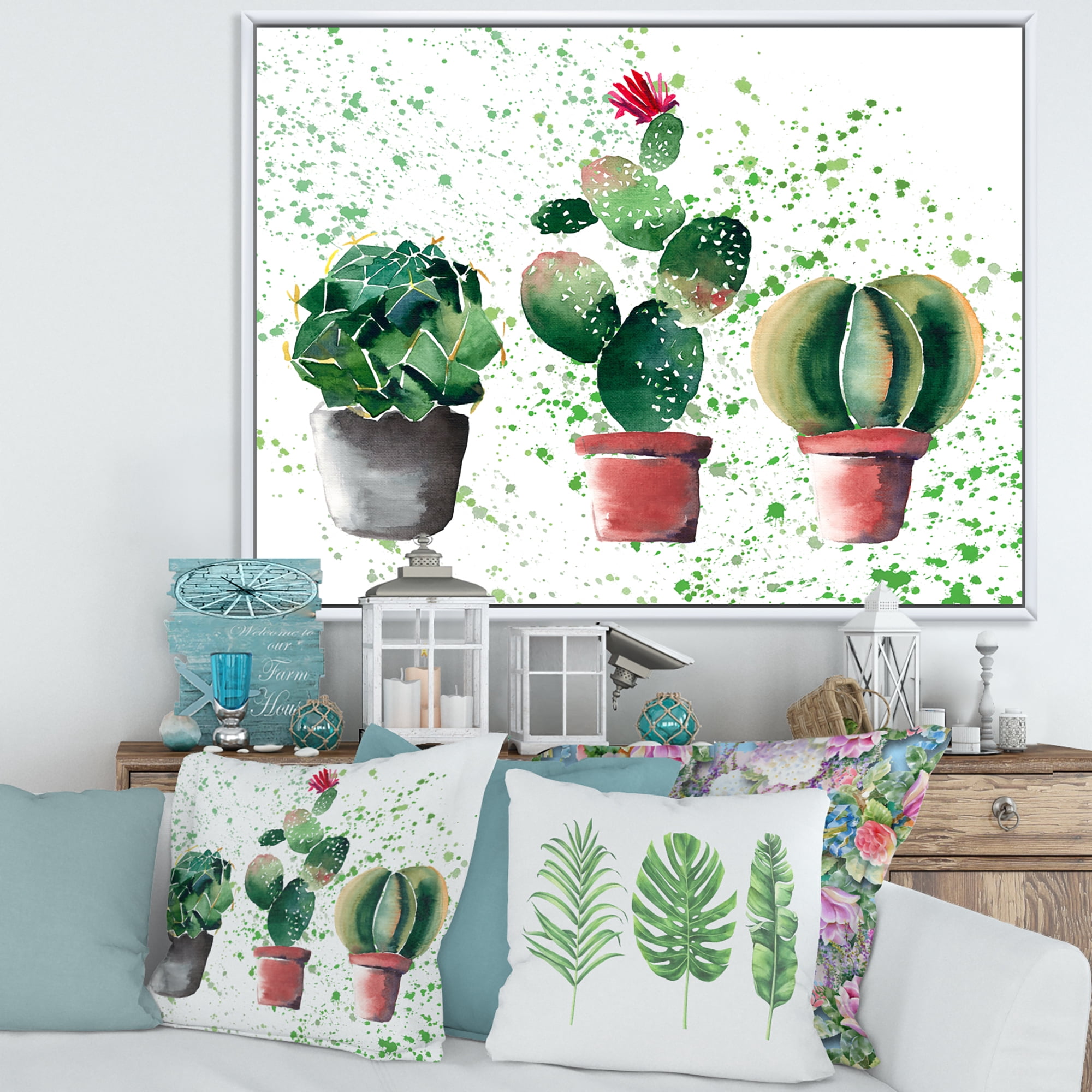 Designart 'Three Cacti In Clay Pots With Green Dots' Traditional Framed Canvas Wall Art Print