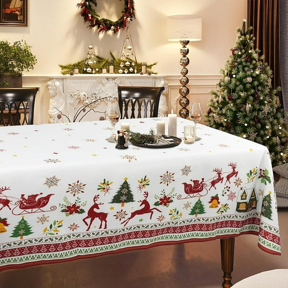 Christmas Tablecloth Decoration Tablecloths, Snowflakes Elk Christmas Tree Bell Table Covers, Waterproof Table Cover for Dinner Kitchen Party Holiday Decorations 60"x 84" Oblong/Rectangle