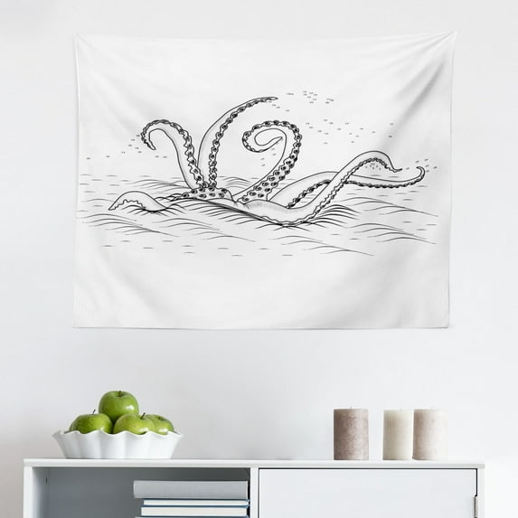 Kraken Tapestry, Old Sailing Ship in Waves and Kraken Adventure Journey Travel Graphic Image Print, Fabric Wall Hanging Decor for Bedroom Living Room Dorm, 2 Sizes, Blue Brown, by Ambesonne