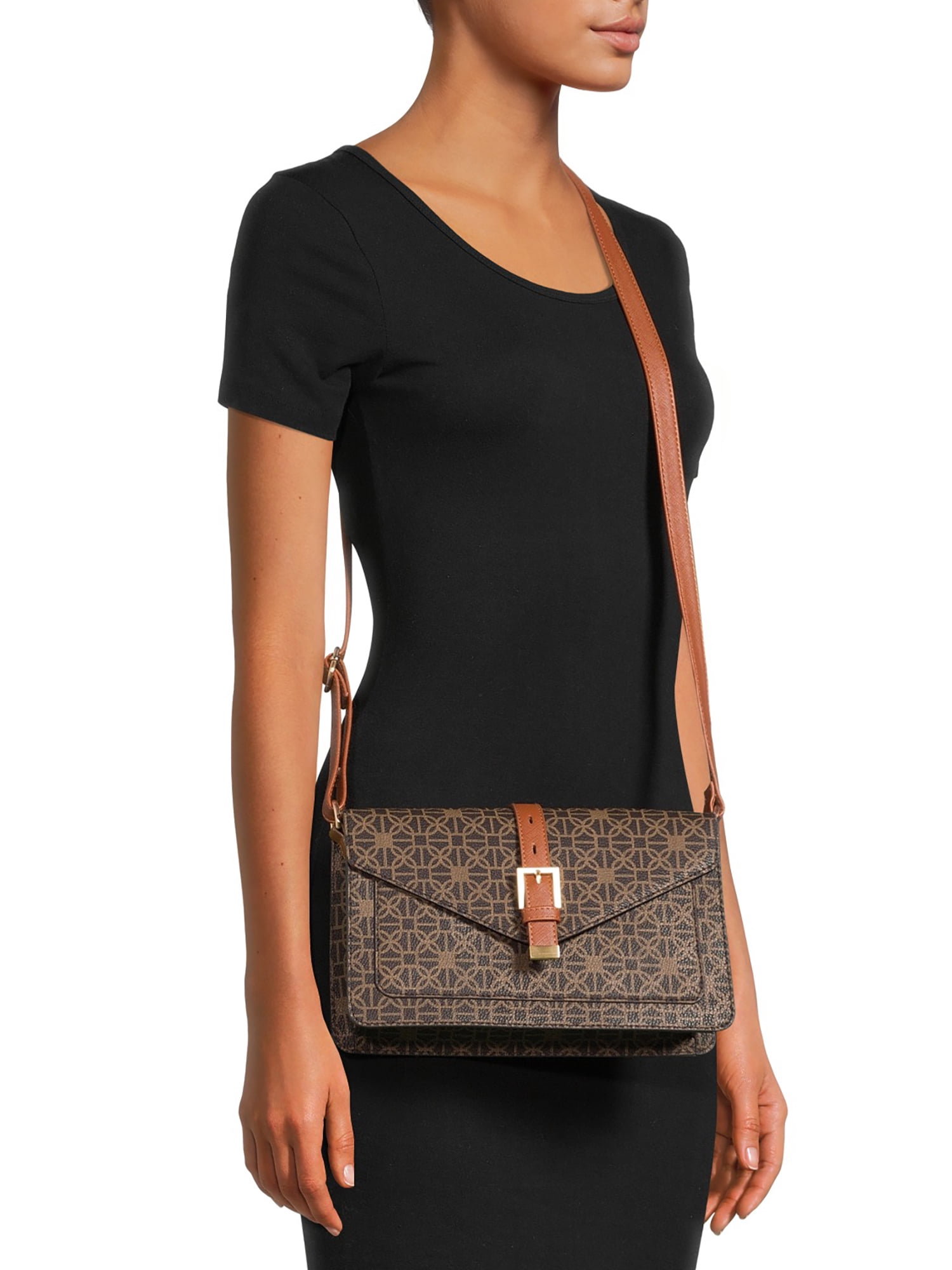 Time and Tru Women's Lori Front Flap Crossbody Handbag Brown Status Print