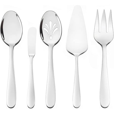 

5-Piece Flatware Serving Utensils Solid Stainless Steel Serving Spoon Fork Mirror Polished and Dishwasher Safe
