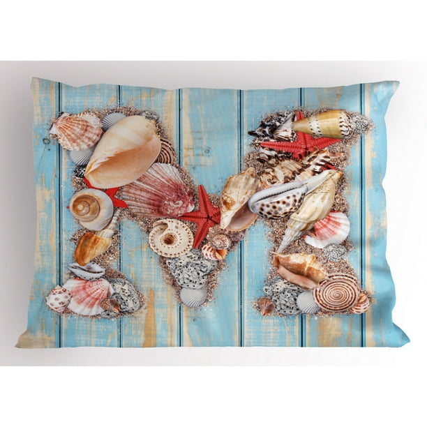 Letter M Pillow Sham Aquatic Inspirations with a Wooden ...