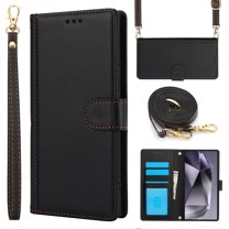 Crossbody Wallet Case Compatible for Samsung Galaxy S24 FE Card Holder PU Leather Magnetic Snap Lanyard Wrist Strap Shockproof Full Protection Purse Phone Case for Samsung Galaxy S24 FE, Black
