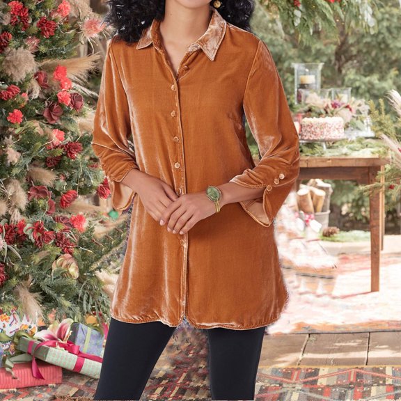 JURANMO Vintage Velvet Top for Women,Women's 2024 Classic Long Sleeved Mid-Length Shirt Trendy Solid Color Button Down Velours Blouses Casual Loose Lapel Collar Cozy Tops Tshirts