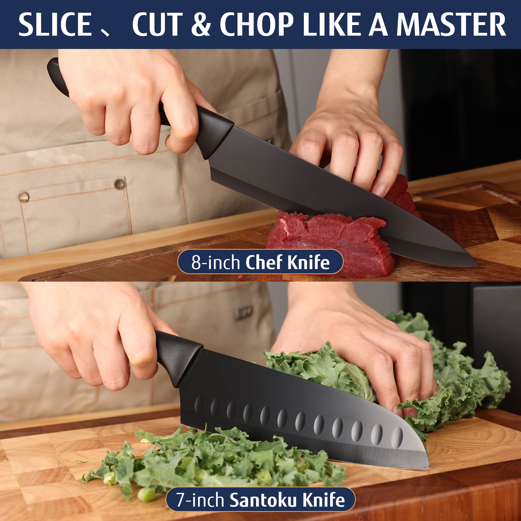 Hecef 15-Piece Kitchen Knife Block Set, Dishwasher Safe Stainless Steel Blades for Cooking and Chopping
