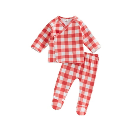 

Xingqing 0-6M Newborn Baby Girls Boys Sleepwear Long Sleeve V Neck Christmas Buttons Shirt + Long Trousers Red Plaid 0-3 Months