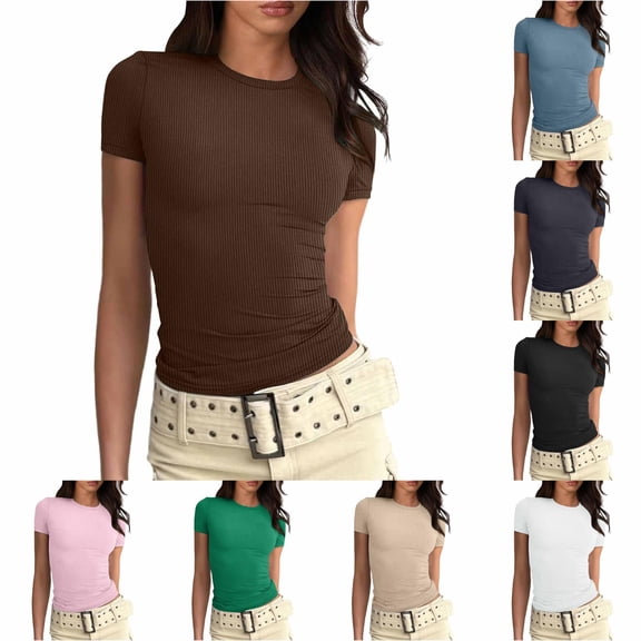 ChoXxx Women's Fitted Short Sleeve Basic Tee Slim Fit Shirt Brown L