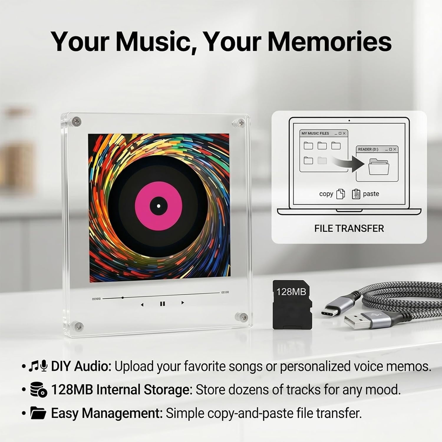 Magnetic Fridge Music Player and Mini Vinyl Record Player Magnet, with LED Light, 128MB, Home Office Decor, Customizable Image Support  (Rotatable)