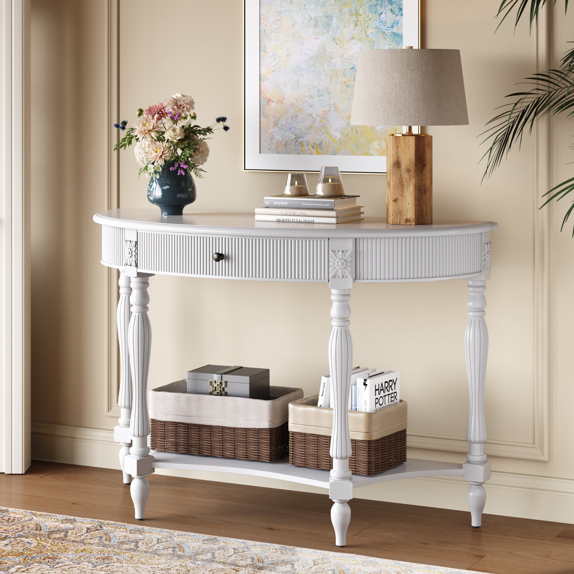 Solid Wood Half Moon Console Table with Drawer & Shelf, Fluted Vintage Curved Entryway Table for Hallway Living Room Foyer, Narrow Space Sofa Table with Roman Column Carved Legs, White