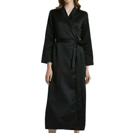 

Wrcnote Women Split Long Sleeve Robe Lightweight Sleepwear With Belted Pajamas Solid Color Bathrobe Black L