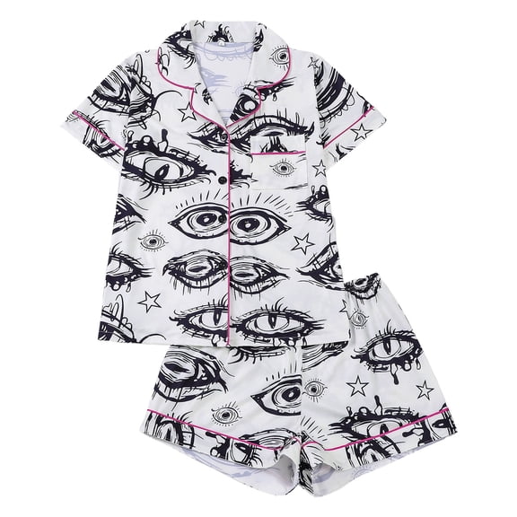 pajamas sets for womens with shorts plus size soft pjs loungewear sets 2 pieces short sleeve v neck funny graphic sleepwear set White1 XL