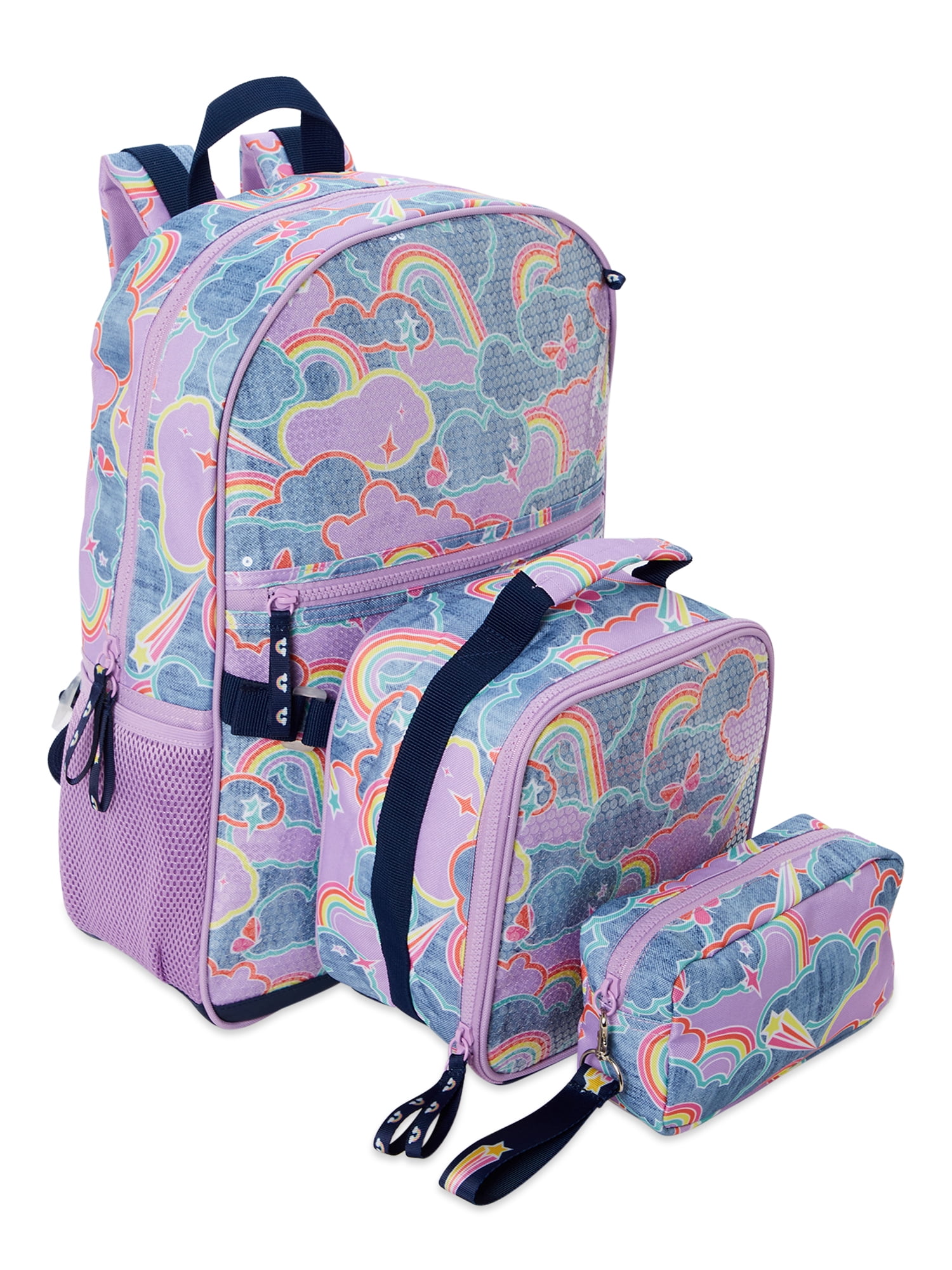 Wonder Nation Children's Backpack with Lunch Box and Pencil Case 3-Piece Set Set Dream Rainbow Purple