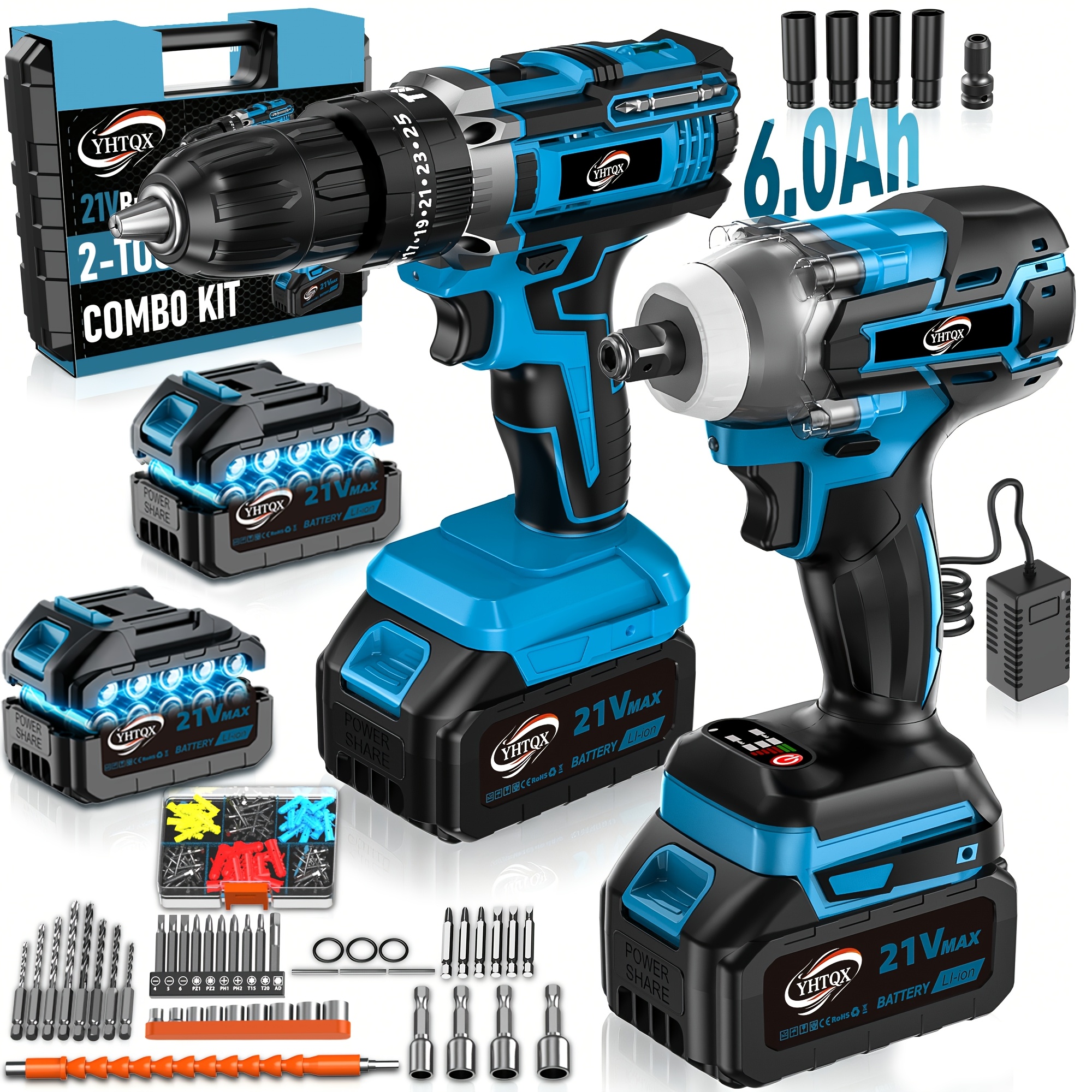 Brushless Cordless Power Tool Combo Kit, Industrial Grade Rotary Hammer Drill, Impact Wrench & Angle Grinder Set for Wall & Car Maintenance