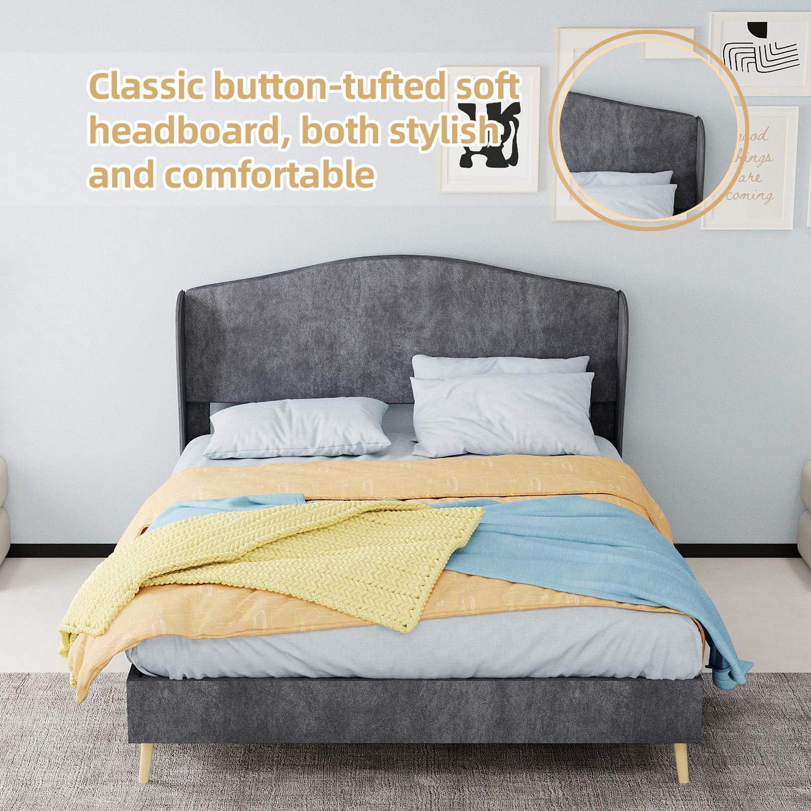 Alvantor Full Size Upholstered Bed Frame with Padded Headboard, Holland Velvet Tufted Noise-Free & Durable Gray