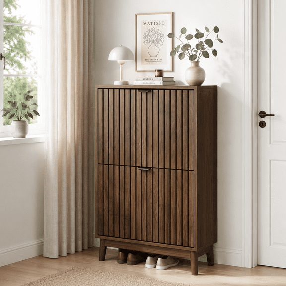 Semiocthome 23.6" Modern Shoe Cabinet, Shoe Storage Cabinet with 2 Flip Drawers for Entryway, Walnut
