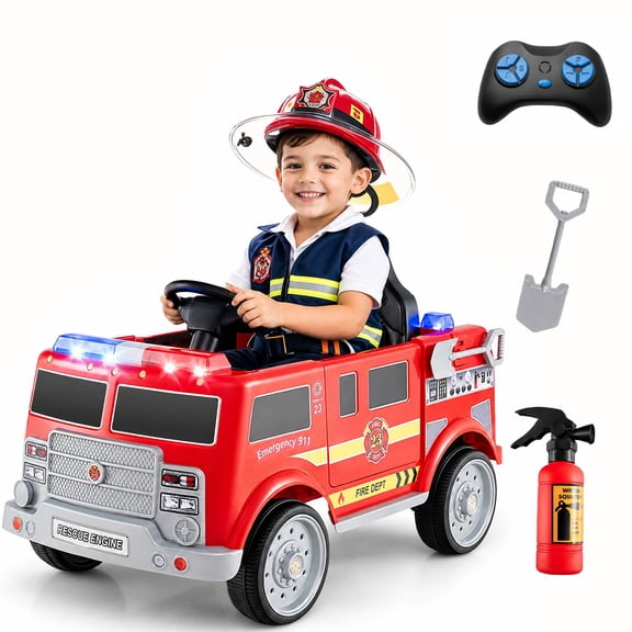 ELLEGNT 12V Kids Ride On Fire Truck with Remote, Siren Lights, Music, for Ages 3-8, Red