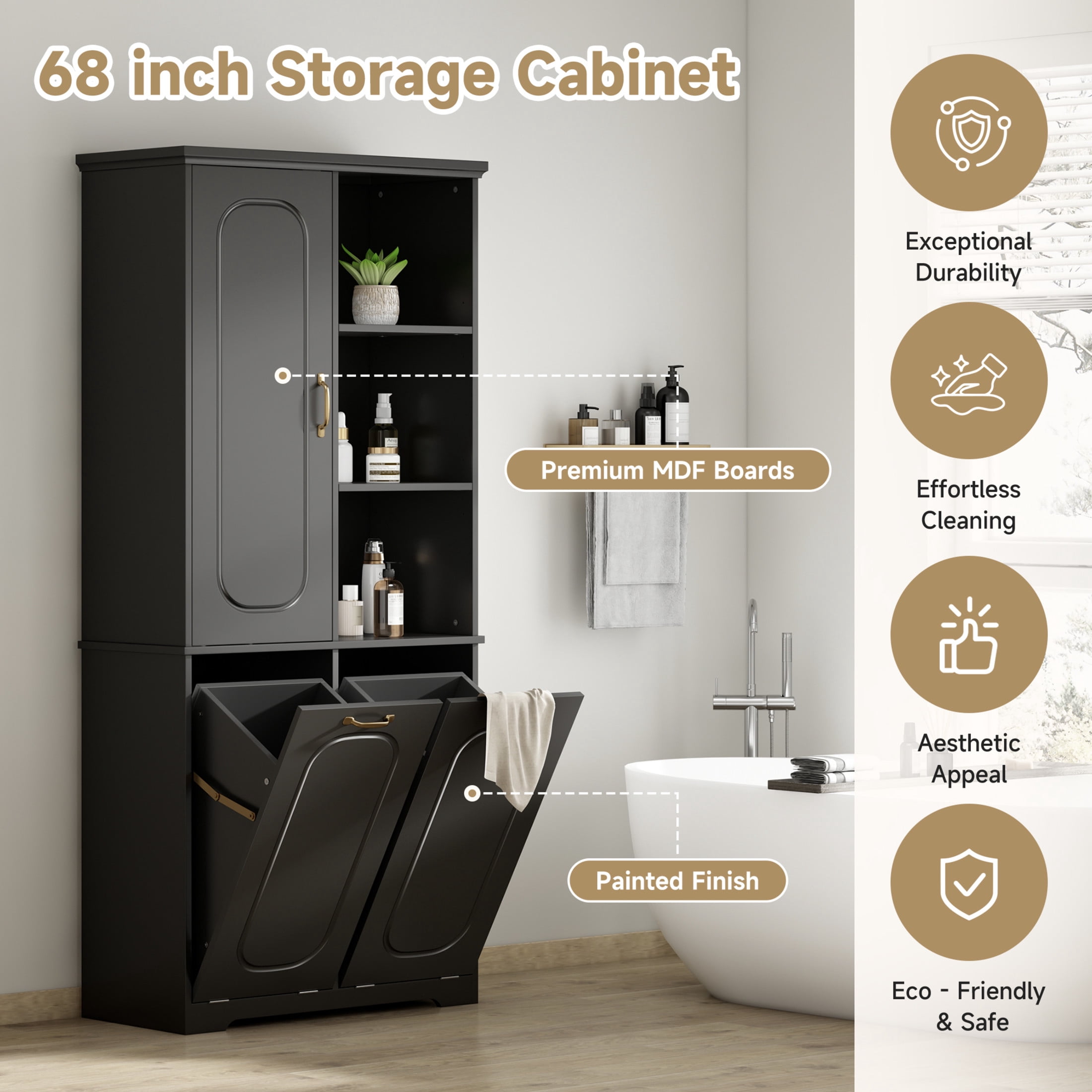 Christopher Knight Home 68" Tall Storage Cabinet with Tilt-Out Hampers, Adjustable Shelves, Black