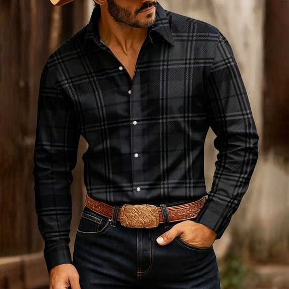 hoksml Men's Plaid Long Sleeve Button Down Shirt Point Collar Stretch Lightweight Casual Everyday Top