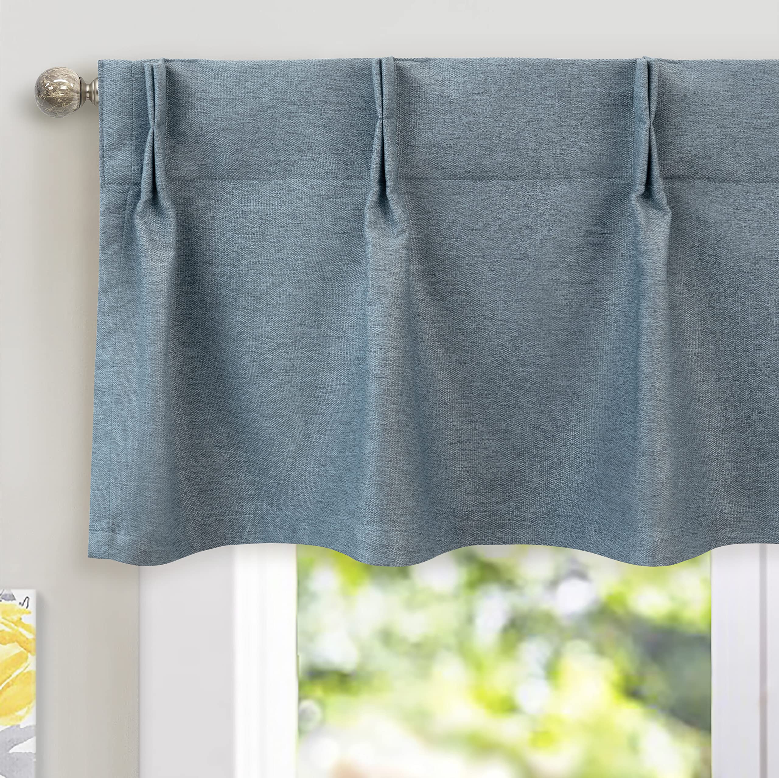 DriftAway Pinch Pleat Valance for Kitchen Window Blackout Faux Linen Textured Solid Valance for Living Room 16 Inch Farmhouse Window Treatment Back Tab 52x16 Dusty Blue