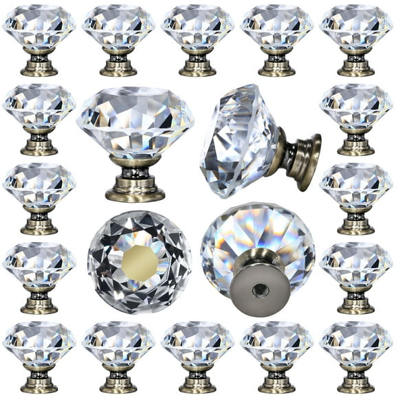 Wynmarts 12 pcs Clear Crystal Glass Drawer Cabinet Pulls Knobs Diamond Shape for Kitchen, Dresser, 30 mm (1-1/4“), Vintage Chrome Bronze Color Base